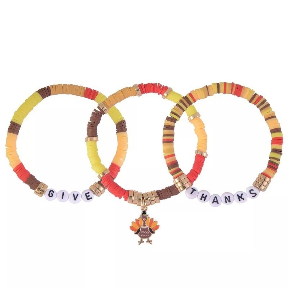 Thanksgiving Turkey Charm Bracelet Set 3 Pc Fall Beaded Stretch Multicolor 7 in